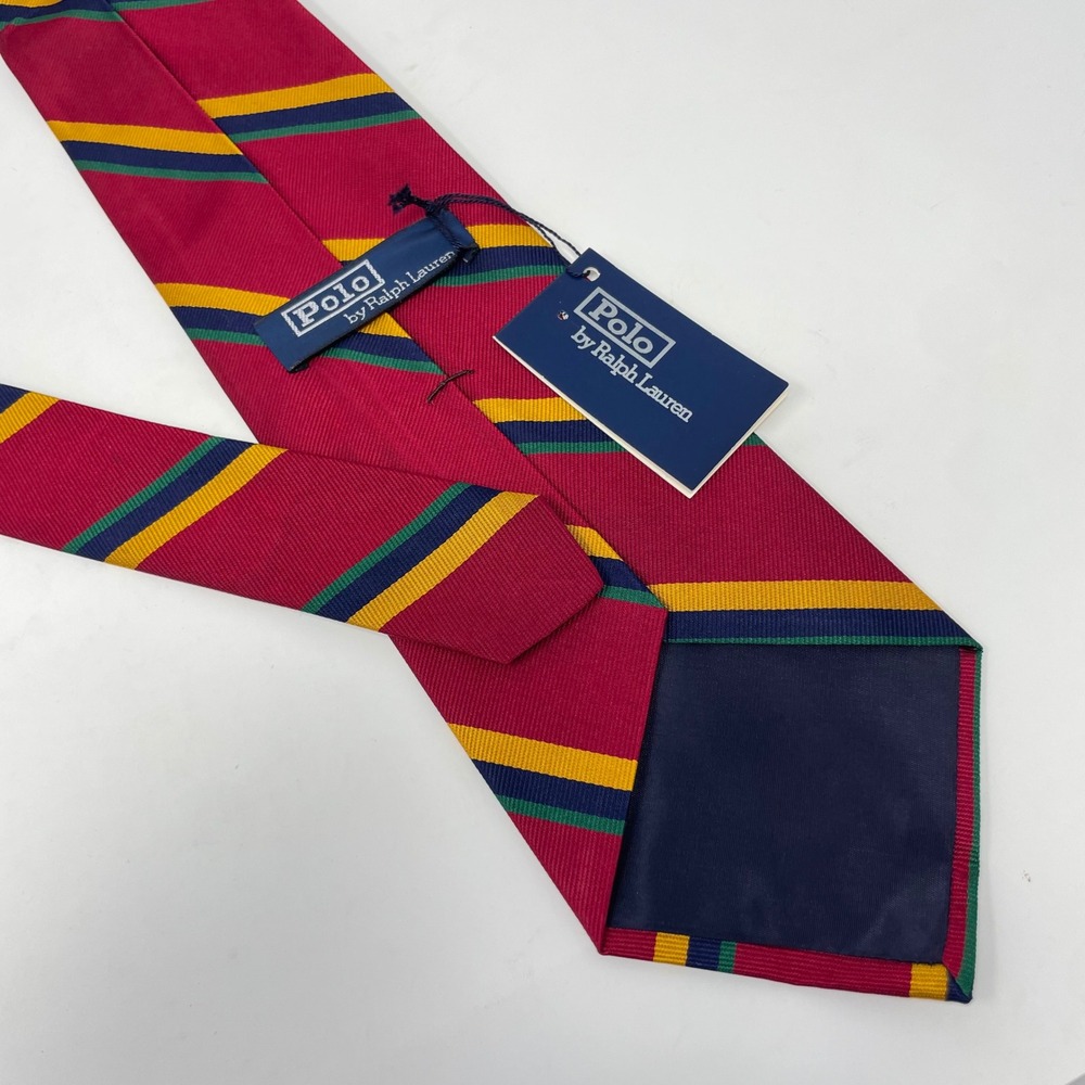 Polo Ralph Lauren Mens Silk Tie Red Yellow Green Navy Blue Striped Hand Made USA